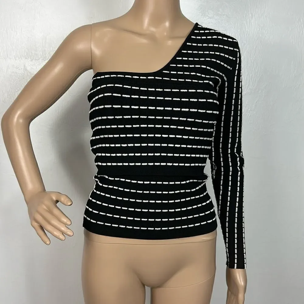 RONNY KOBO Black White Stretch One-Shoulder Knit Sweater Size S